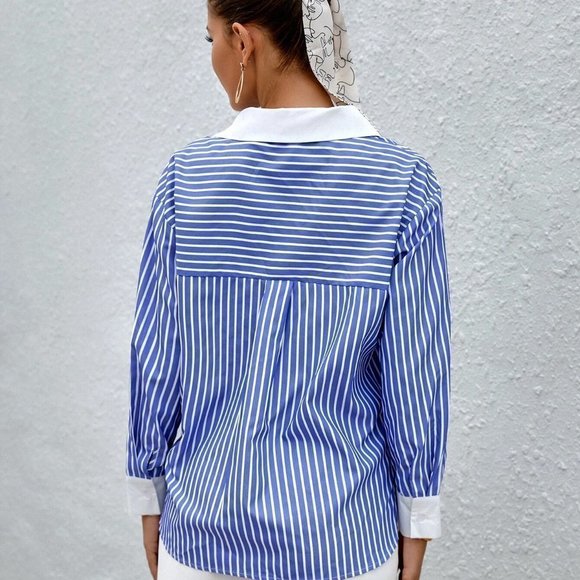 Blue and White Boho Womens Striped Print Button Front Shirt - Picture 2 of 5